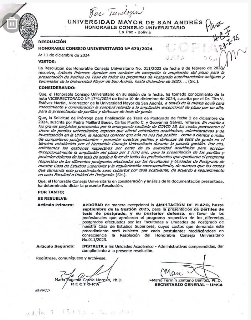 RESOLUCIÓN DEL HONORABLE CONSEJO UNIVERSITARIO N° 670/2024